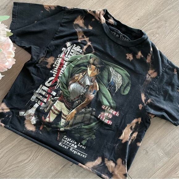 Attack on Titan Captain Levi Black Upcycle Bleach Dyed Cropped Top - Picture 2 of 3